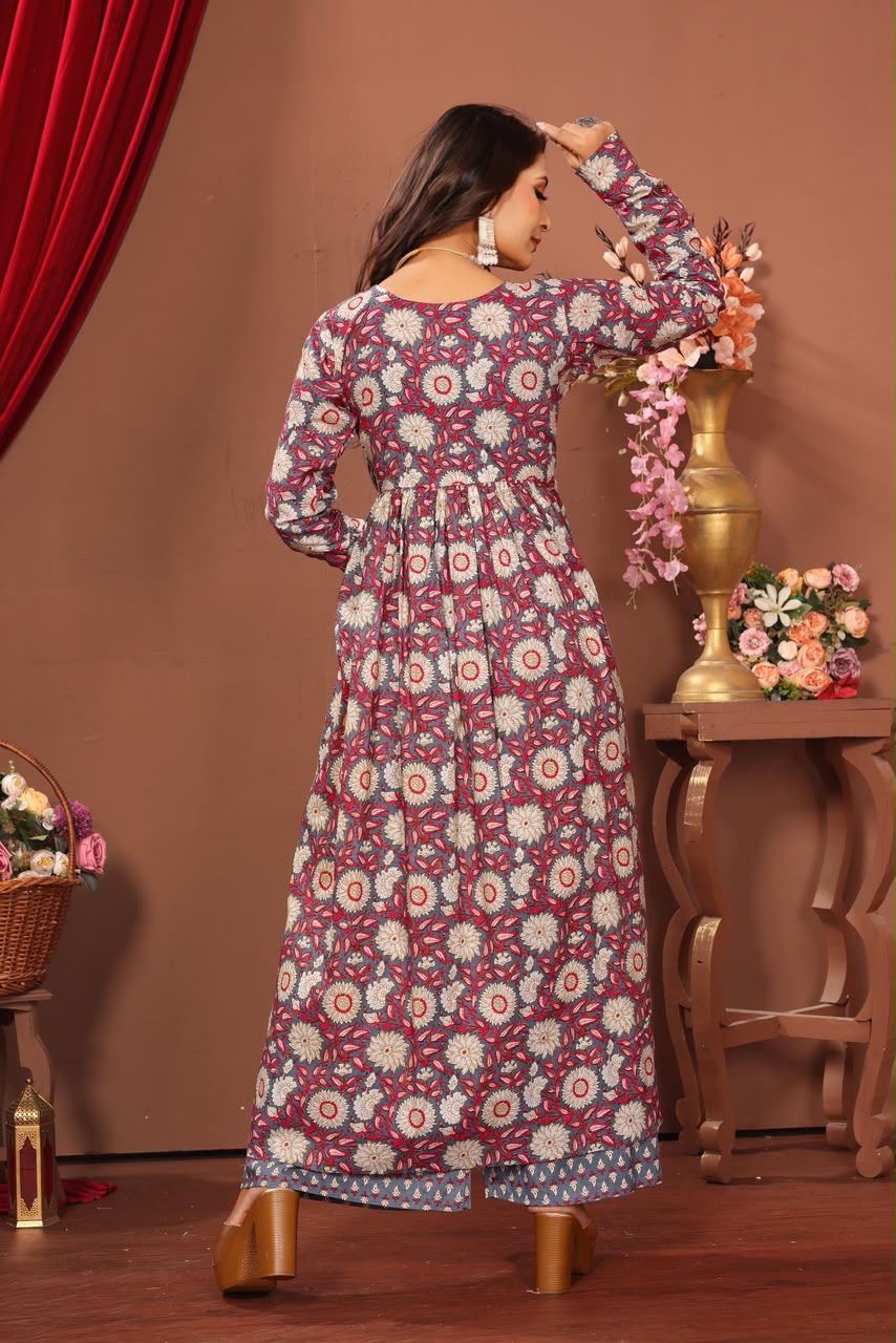 Women’s Grey Floral Printed Cotton Dupatta Set