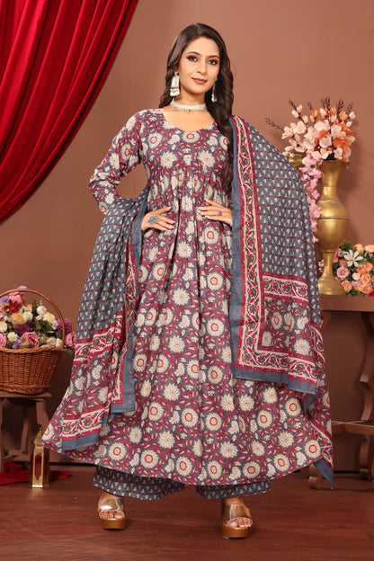 Women’s Grey Floral Printed Cotton Dupatta Set