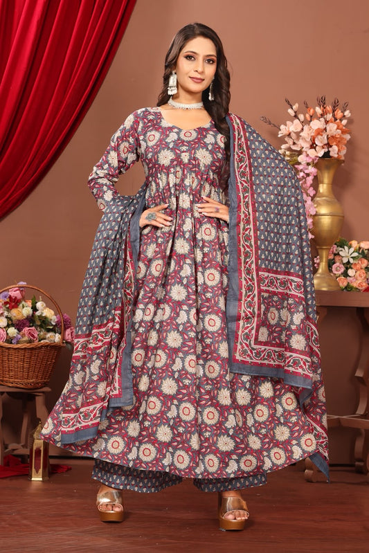 Women’s Grey Floral Printed Cotton Dupatta Set