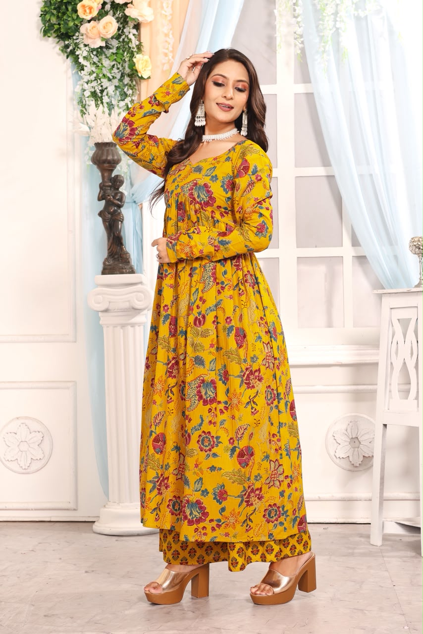 Women’s Mustard Yellow Floral Cotton Dupatta Set