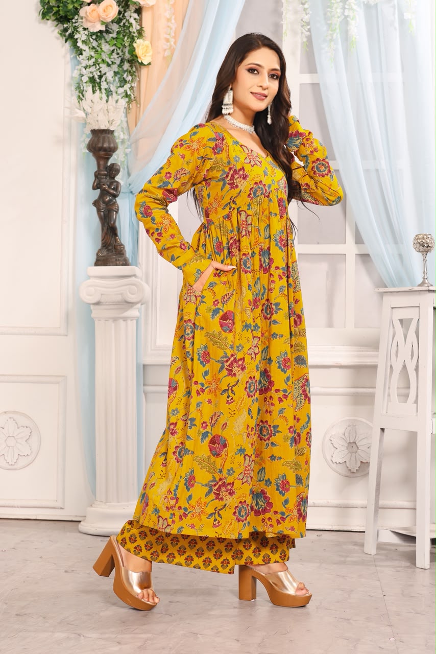 Women’s Mustard Yellow Floral Cotton Dupatta Set