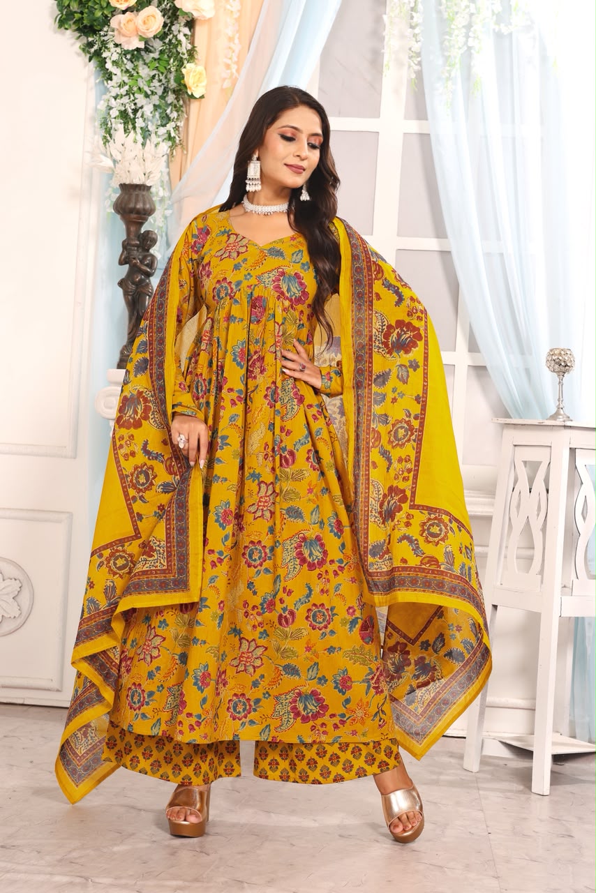 Women’s Mustard Yellow Floral Cotton Dupatta Set