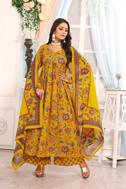 Women’s Mustard Yellow Floral Cotton Dupatta Set