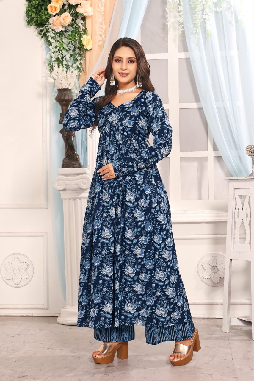 Women’s Navy Blue Floral Printed Cotton Kurta Pant Dupatta Set