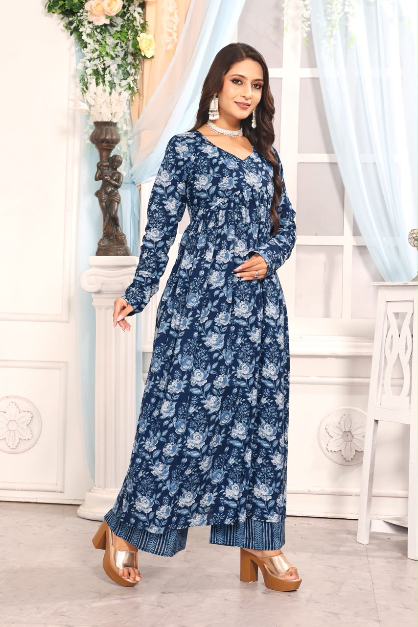 Women’s Navy Blue Floral Printed Cotton Kurta Pant Dupatta Set