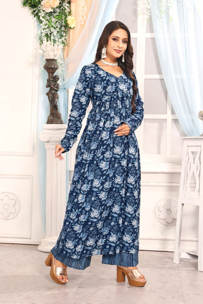 Women’s Navy Blue Floral Printed Cotton Kurta Pant Dupatta Set