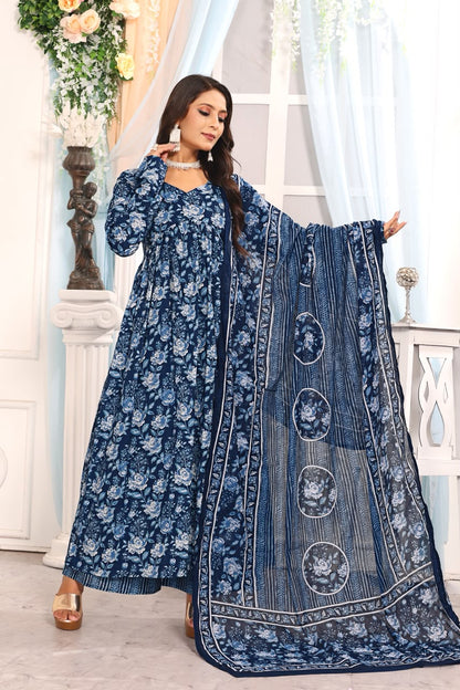 Women’s Navy Blue Floral Printed Cotton Kurta Pant Dupatta Set