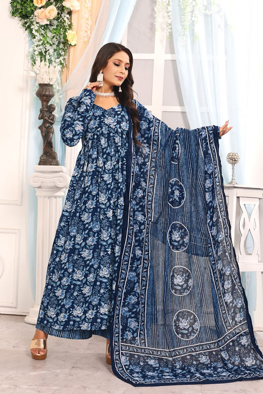 Women’s Navy Blue Floral Printed Cotton Kurta Pant Dupatta Set