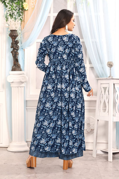 Women’s Navy Blue Floral Printed Cotton Kurta Pant Dupatta Set