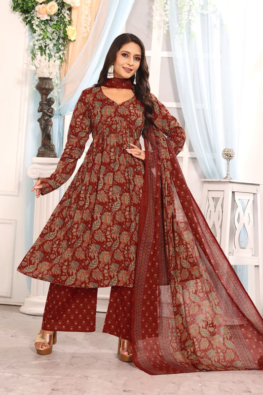 Women’s Maroon Floral Printed Cotton Kurta Pant Dupatta Set