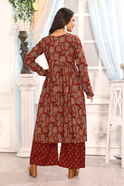Women’s Maroon Floral Printed Cotton Kurta Pant Dupatta Set