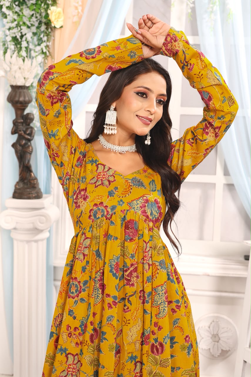 Women’s Mustard Yellow Floral Cotton Dupatta Set